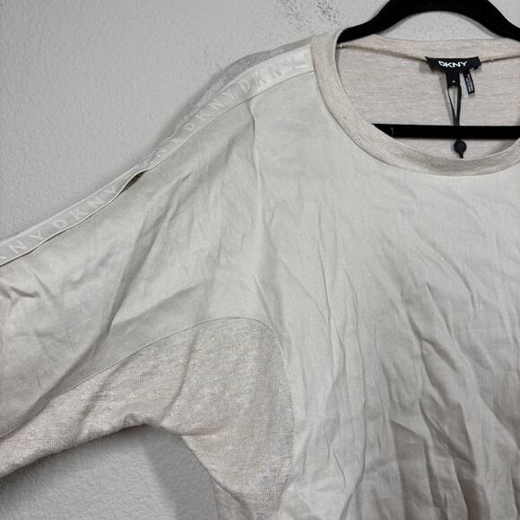 DKNY Womens Size Medium Tie Sleeves Top Tan Linen Rayon Blend Crew Neck Stretch - Picture 4 of 11